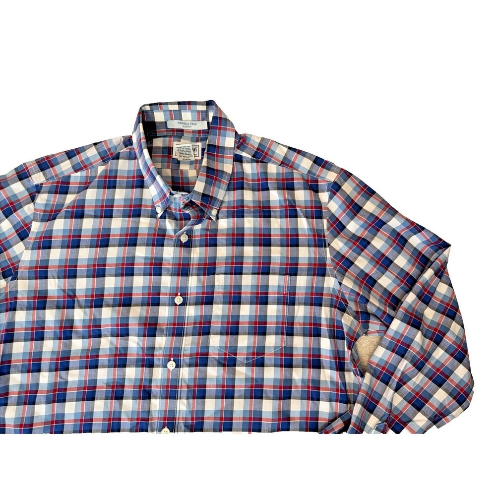 LL Bean Button Down Dress Shirt Blue Check Cotton Men's L Slim Fit Wrinkle Free